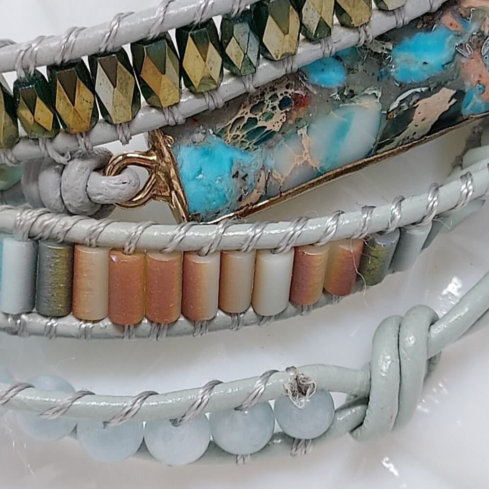 Artisan Wrap Bracelet Gemstone Crystal Beaded Enamel Macrame 34" Adjustable